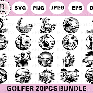 ゴルファー svg、ゴルファー バンドル svg、女性ゴルファー svg、ゴルフ カート、ゴルフ ボール、ゴルフ クラブ svg png jpg dxf eps、cricut ファイル、ベクター、クリップアート ファイル