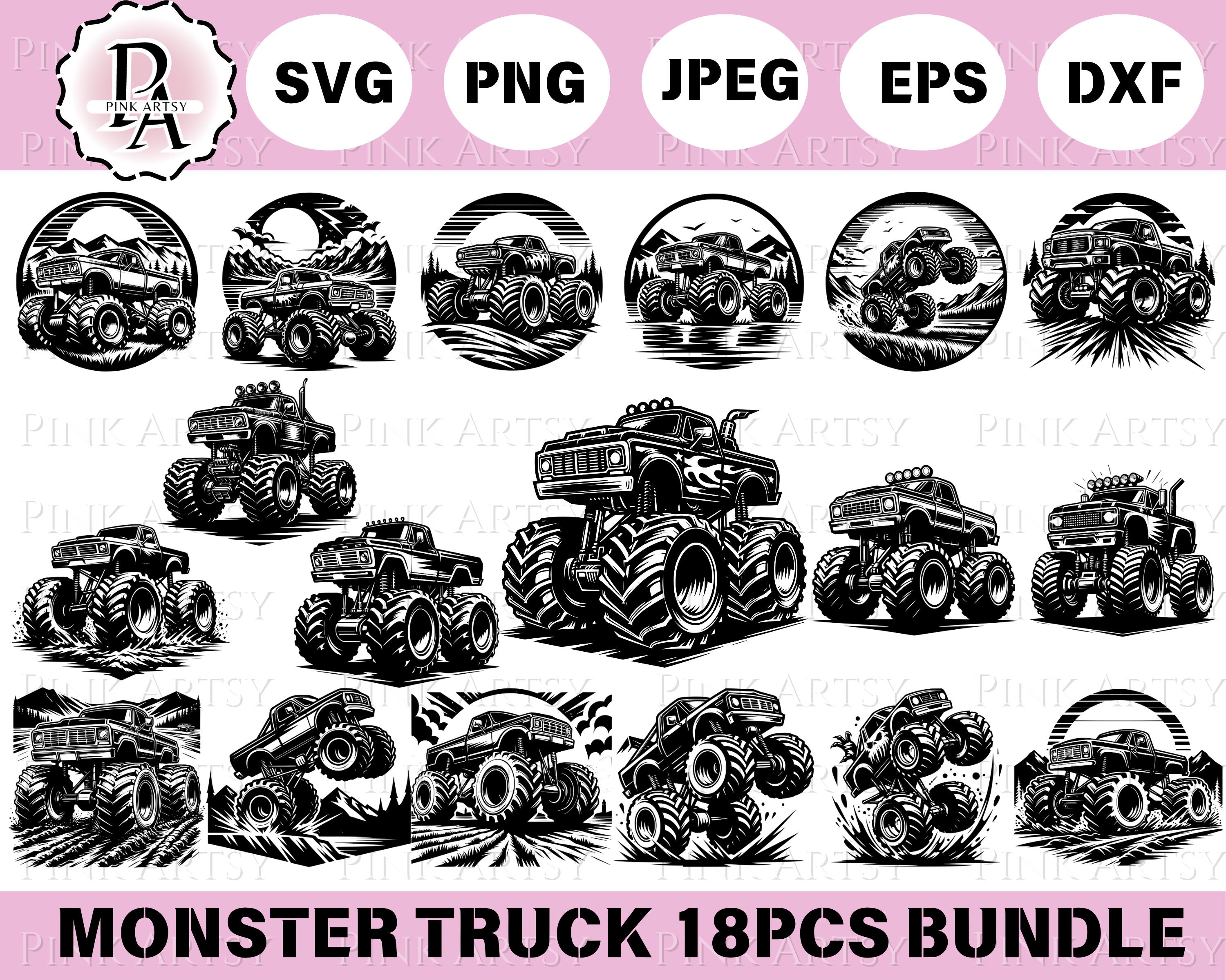 monster truck svg png jpg dxf eps, monster truck bundle clipart, cricut file, vector, silhouette custom cut files, truck shirt design