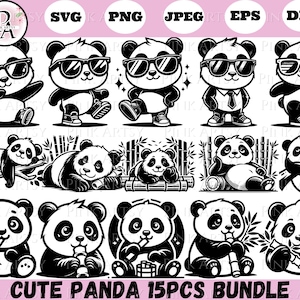Peut inclure: Un ensemble de 15 illustrations numériques en noir et blanc de pandas mignons dans différentes poses. Certains pandas portent des lunettes de soleil, d'autres tiennent du bambou et d'autres se détendent. Le texte "CUTE PANDA 15PCS BUNDLE" est en bas de l'image.