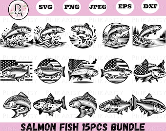Salmon Fish Clipart Bundle: SVG, PNG, Laser Cut File (Digital Download)