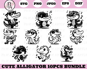 Cartoon Alligator Clipart Bundle, Gator (svg, png, jpeg, eps, dxf) (Digital Download)