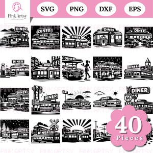 May include: A collection of 40 black and white diner-themed vector graphics in SVG, PNG, DXF, and EPS formats. The designs include various diner buildings, vintage cars, and Route 66 signage. The designs are suitable for digital art projects.