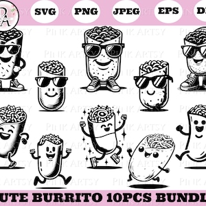 słodkie burrito svg png jpeg dxf eps szczęśliwy burrito wrap clipart słodkie burrito z okularami przeciwsłonecznymi do plików cricut lub laserowo ciętych burrito wektor sztuki
