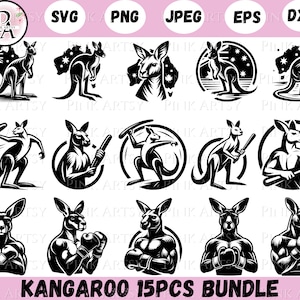 May include: A digital download of 15 black and white kangaroo silhouette illustrations. The kangaroos are in various poses, including standing, jumping, and holding sports equipment. The illustrations are perfect for use in crafting projects, scrapbooking, or digital design.