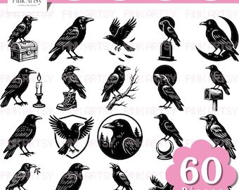 Raven Silhouette Clipart | Gothic Bird SVG Bundle (Digital Download)