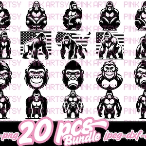Könnte beinhalten: Eine Sammlung von 20 schwarz-weißen Gorilla-Illustrationen in verschiedenen Posen und Stilen. Die Designs umfassen Ganzkörperansichten, Kopfporträts und Silhouetten, einige mit einer amerikanischen Flagge. Der Text "20 pcs Bundle" ist in Pink.
