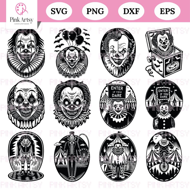 Scary Clown SVG Bundle: Horror Zirkus Clipart (60 Designs) Digital ...