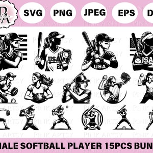Puede incluir: Un conjunto de 15 ilustraciones en blanco y negro de jugadoras de softbol femeninas en varias poses. Las ilustraciones son de estilo vintage y presentan a las jugadoras con uniformes y sosteniendo bates, pelotas y guantes. Las ilustraciones son perfectas para usar en proyectos digitales o impresos.
