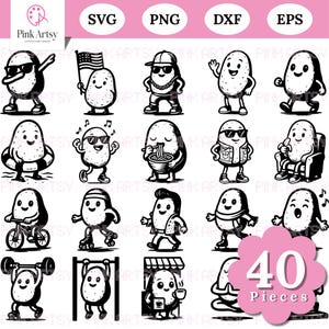Puede incluir: Arte digital en blanco y negro con 20 personajes de dibujos animados de patatas en varias poses y actividades. La imagen incluye el texto "SVG", "PNG", "DXF", "EPS" y "40 Pieces".