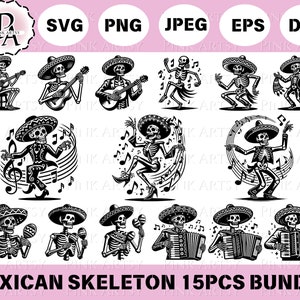 May include: A set of 15 black and white digital illustrations of Mexican skeletons playing musical instruments. The skeletons are dressed in traditional Mexican clothing and are playing a variety of instruments, including a guitar, trumpet, accordion, and maracas.