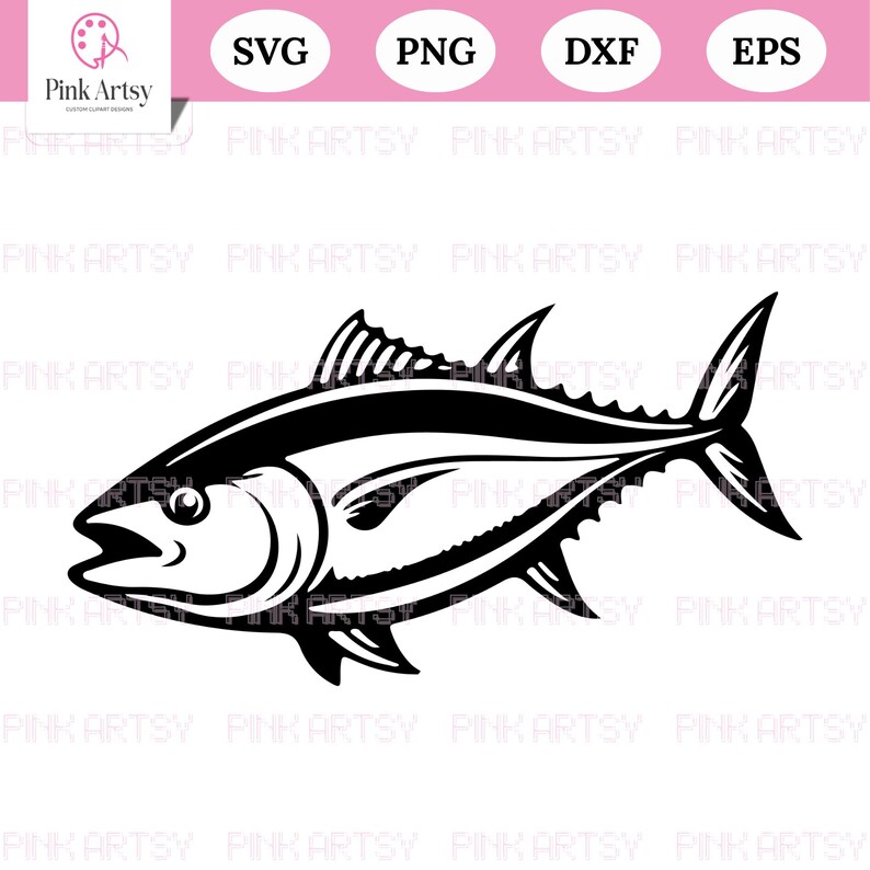 May include: Black and white illustration of a tuna fish. The fish is depicted in profile, with detailed fins, scales, and an open mouth. The image includes the text "SVG, PNG, DXF, EPS" and the logo "Pink Artsy".