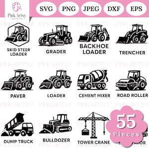 Peut inclure: Illustrations en noir et blanc de véhicules de construction, dont une chargeuse compacte, une niveleuse, une pelle rétro, une trancheuse, une paveuse, une chargeuse, une bétonnière, un rouleau compresseur, un tombereau, un bulldozer et une grue à tour. Le texte "55 pièces" est inclus.
