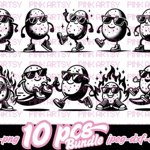 Może przedstawiać: Czarno-białe ilustracje ziemniaków w okularach przeciwsłonecznych i trampkach. Niektóre ziemniaki tańczą lub płoną. Obraz zawiera tekst "10 pcs Bundle svg-png ipeg-dxf-eps".
