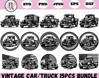 May include: A set of 15 black and white vintage car and truck illustrations. The illustrations are in a circle with a white background and a black border. The illustrations are of different types of cars and trucks, including a pickup truck, a sedan, and a delivery truck.