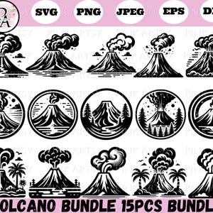Puede incluir: Un conjunto de 15 ilustraciones vectoriales en blanco y negro de volcanes. Las ilustraciones presentan diferentes estilos de volcanes, incluyendo algunos con humo y lava, y otros con palmeras y agua. El texto "VOLCANO BUNDLE 15PCS BUNDLE" está en la parte inferior de la imagen.