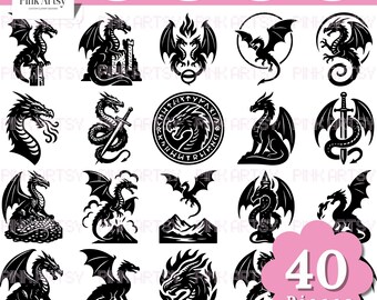 Dragon Silhouette SVG Bundle: Mythical Creatures, Medieval Art (Digital Download)