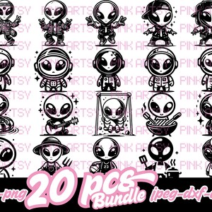 May include: A set of 20 black and white illustrations of cute alien characters in various poses. The aliens are wearing different outfits and accessories, such as hats, sunglasses, and a guitar. The illustrations are perfect for use in digital projects, crafts, and more.