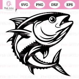 May include: Black and white illustration of a tuna fish. The design is a vector graphic, suitable for various applications. The image includes the text "SVG", "PNG", "DXF", and "EPS". The Pink Artsy logo is in the upper left corner.