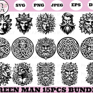 May include: A set of 15 black and white digital illustrations of Green Man figures. The Green Man is a mythical figure often depicted with a human face emerging from foliage. The illustrations are in a variety of styles, including traditional, stylized, and abstract.