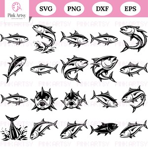 May include: Black and white illustrations of tuna fish in various poses. The images include tuna swimming, jumping, and facing different directions. The word "SVG", "PNG", "DXF", and "EPS" are displayed at the top.