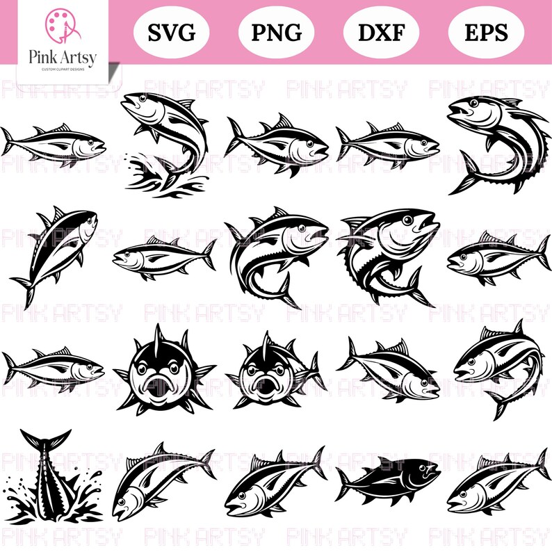 May include: Black and white illustrations of tuna fish in various poses. The images include tuna swimming, jumping, and facing different directions. The word "SVG", "PNG", "DXF", and "EPS" are displayed at the top.
