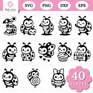 May include: A set of 40 black and white ladybug-themed digital cut files in SVG, PNG, DXF, and EPS formats. The ladybugs have various designs, including some with sunglasses, hearts, and a sign that says "Love Bug".