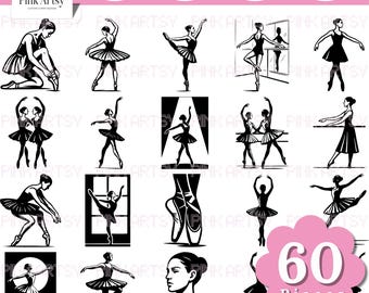 May include: Black and white illustrations of ballerinas in various poses, including solo dancers, pairs, and a close-up of pointe shoes. The image includes the text "SVG, PNG, DXF, EPS" and "60 Pieces".