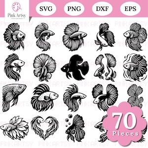 Pode incluir: Ilustrações digitais em preto e branco de peixes betta em várias poses. A imagem inclui o texto "SVG, PNG, DXF, EPS" e "Pink Artsy", juntamente com uma forma de flor rosa com o texto "70 Pieces".