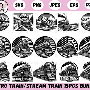 May include: A digital download bundle of 15 black and white retro train and steam train illustrations. The illustrations feature trains with American flags and the text "Retro Stream Train".
