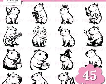 Paquete de imágenes prediseñadas SVG de un lindo capibara / Vector de animales kawaii (archivos digitales)