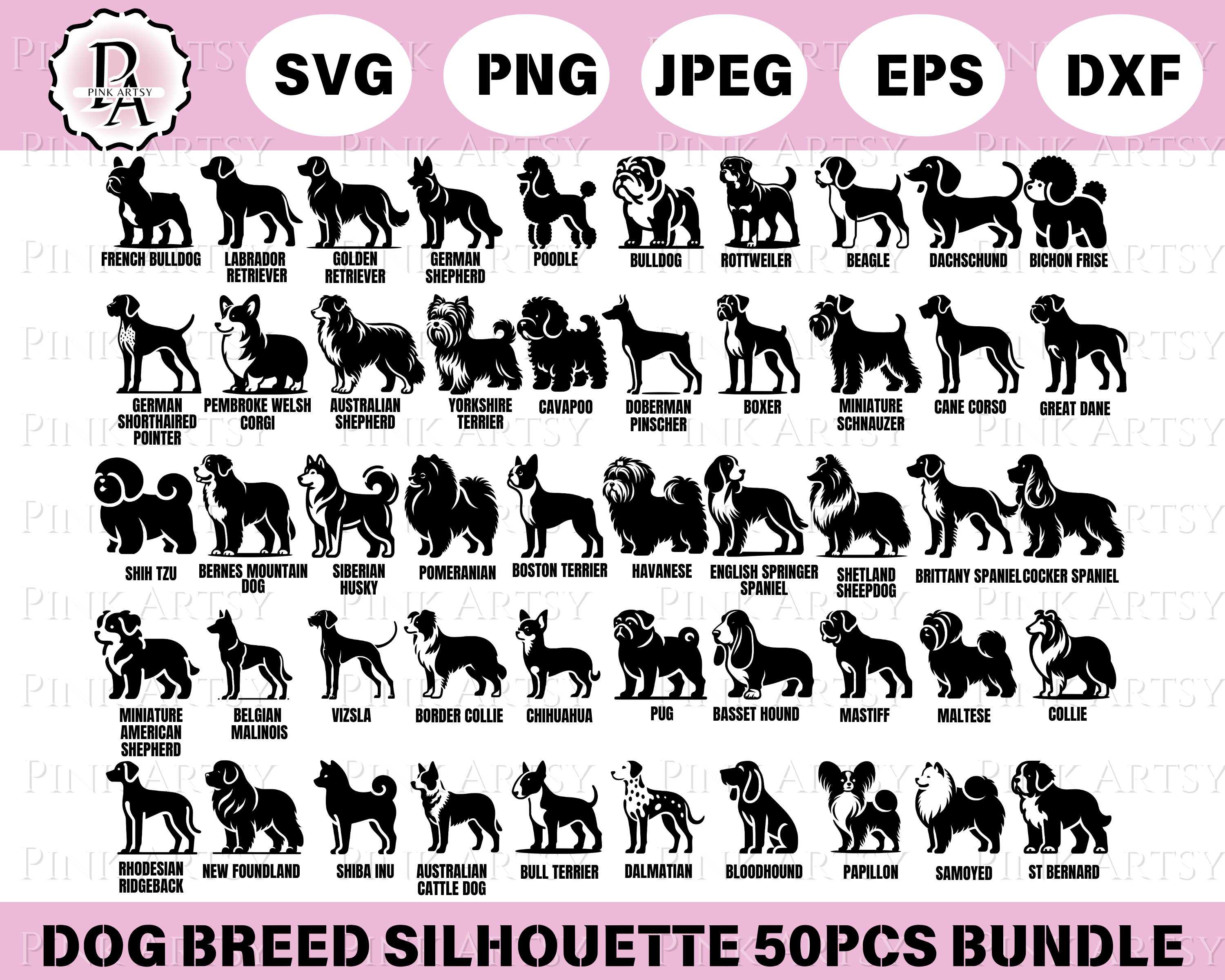 50pcs Dog Breed Silhouette Bundle - svg png dxf eps jpeg - for cricut laser sublimation vinyl wood laser engraving cutting machine dog breed