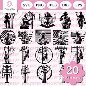 Linemen SVG PNG Bundle - 20Pcs Designs for Crafters - Commercial Use - Cricut Silhouette Cut Files - Digital Download Clipart Pack - Lineman