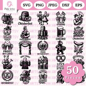 Può includere: Una collezione di 50 grafiche digitali a tema Oktoberfest nei formati SVG, PNG, JPEG, DXF ed EPS. Le illustrazioni includono boccali di birra, pretzel, botti e figure tradizionali tedesche, il tutto in una combinazione di colori rosa e nero.