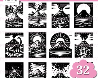 SVG-bundel vulkaanscène: clipart lava-uitbarsting (digitale download)