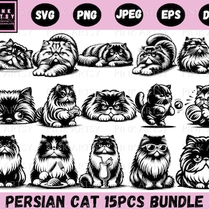 Op de afbeelding: Een set van 15 zwart-wit illustraties van Perzische katten in verschillende poses. De illustraties zijn in cartoon-stijl en tonen verschillende uitdrukkingen en details, zoals een kat die een bol wol vasthoudt, een kat met een zonnebril en een kat die een bord met eten eet.