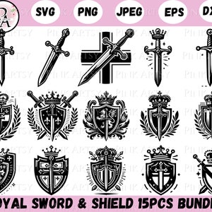 May include: A set of 15 black and white vector illustrations of royal swords and shields. The designs feature swords, shields, crowns, and floral elements. The text "ROYAL SWORD & SHIELD 15PCS BUNDLE" is at the bottom of the image.