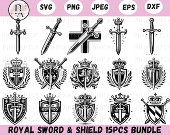Paquete de imágenes prediseñadas de espada y escudo reales en formato SVG (svg, png, eps, dxf)
