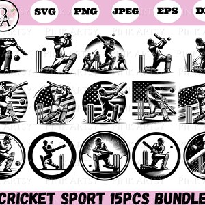 Puede incluir: Un conjunto de 15 archivos de corte SVG de jugadores de cricket en blanco y negro. Las imágenes presentan jugadores de cricket en varias poses, incluyendo bateo, bolos y campo. Las imágenes son perfectas para usar en proyectos de artesanía, como diseños de camisetas, tazas y pegatinas.