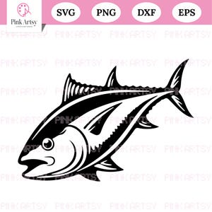 May include: Black and white illustration of a tuna fish. The image is a vector graphic, with the words "SVG", "PNG", "DXF", and "EPS" at the top. The Pink Artsy logo is in the upper left corner.