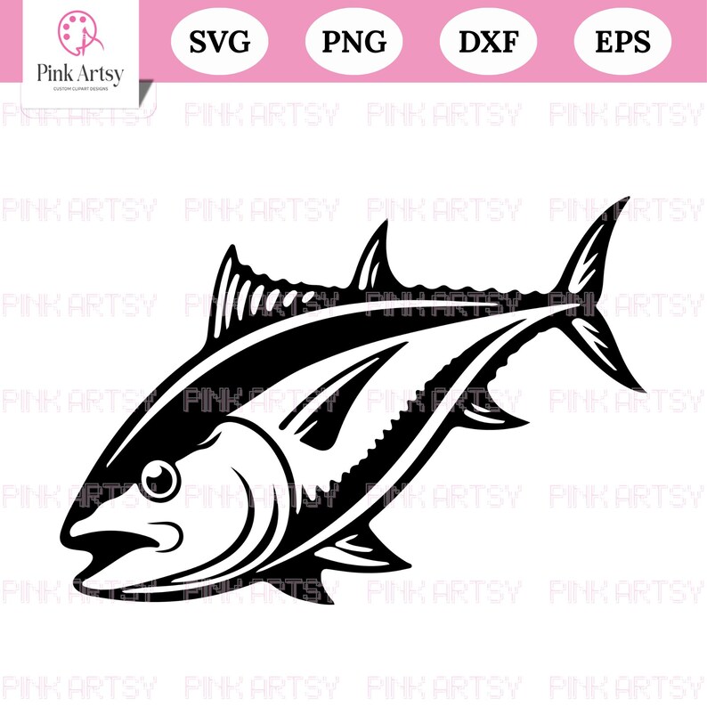 May include: Black and white illustration of a tuna fish. The image is a vector graphic, with the words "SVG", "PNG", "DXF", and "EPS" at the top. The Pink Artsy logo is in the upper left corner.