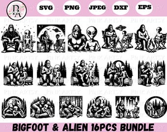 bigfoot and alien friendship bundle svg png jpeg dxf eps bigfoot and alien buddy coffee break clipart bigfoot alien nap time in the forest