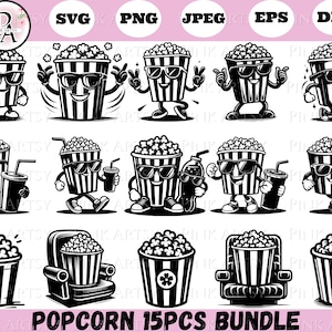tańczący pakiet popcornu svg png jpeg dxf eps tańczący popcorn kino clipart popcorn cricut sylwetka popcornu wektor popcornu svg png