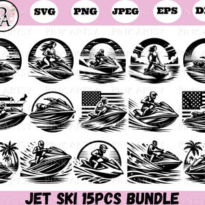 May include: A digital download bundle of 15 black and white vector illustrations of people riding jet skis. The illustrations are in a variety of poses and settings, including on the water, in the air, and with American flags. The text "JET SKI 15PCS BUNDLE" is at the bottom of the image.