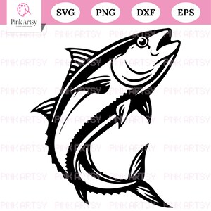 May include: Black and white illustration of a fish, with open mouth and detailed fins. The image includes the text "SVG", "PNG", "DXF", and "EPS". The Pink Artsy logo is in the upper left corner.
