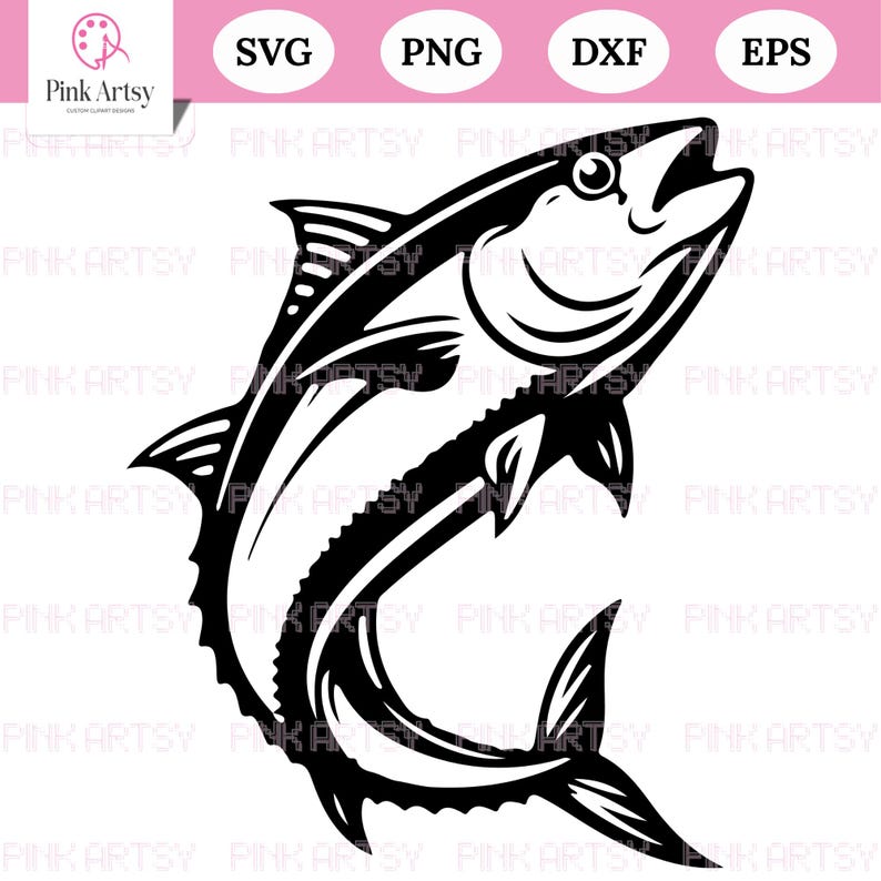 May include: Black and white illustration of a fish, with open mouth and detailed fins. The image includes the text "SVG", "PNG", "DXF", and "EPS". The Pink Artsy logo is in the upper left corner.