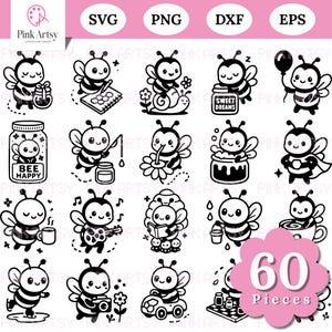 Könnte beinhalten: Eine Sammlung von 60 schwarz-weißen digitalen Cliparts mit Bienenmotiven. Die Bilder zeigen verschiedene niedliche Bienen bei unterschiedlichen Aktivitäten. Dateityp-Optionen: SVG, PNG, DXF und EPS. Der Text "60 Pieces" ist ebenfalls enthalten.