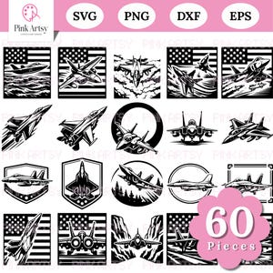 Puede incluir: Conjunto de arte digital en blanco y negro con 60 piezas de diseños de aviones de combate. Incluye formatos de archivo SVG, PNG, DXF y EPS. Los diseños muestran varias ilustraciones de aviones, algunas con elementos de la bandera estadounidense.