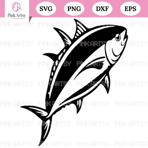 May include: Black and white illustration of a tuna fish. The fish is depicted in a stylized, graphic design, with detailed fins and a curved body. The image includes the text "SVG", "PNG", "DXF", and "EPS".