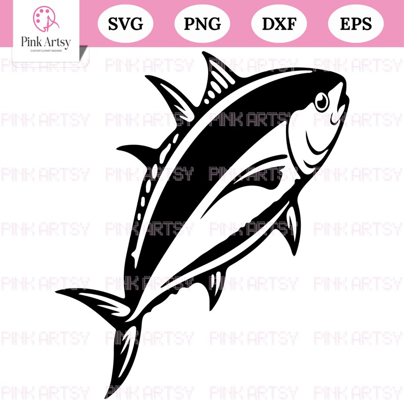 May include: Black and white illustration of a tuna fish. The fish is depicted in a stylized, graphic design, with detailed fins and a curved body. The image includes the text "SVG", "PNG", "DXF", and "EPS".