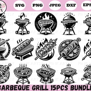Może przedstawiać: Zestaw 15 czarno-białych ilustracji wektorowych grilla i jedzenia. Ilustracje obejmują różne rodzaje grilla, szaszłyków i potraw, takich jak hot dogi, hamburgery i kukurydza na kolbie. Ilustracje idealnie nadają się do wykorzystania w różnych projektach, takich jak strony internetowe, media społecznościowe i materiały drukowane.